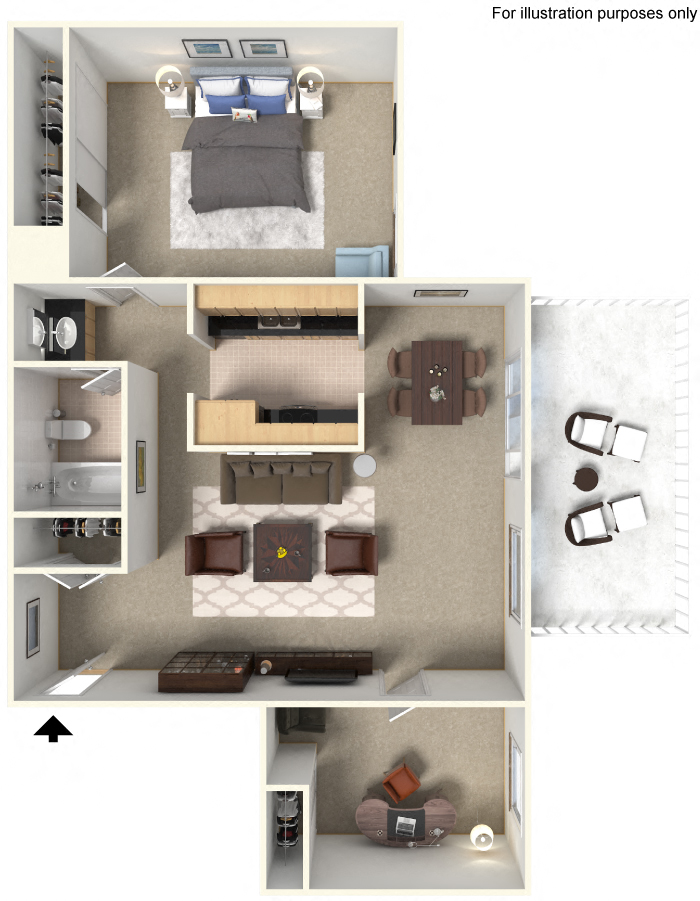 Floor plan for 1 bed, 1 bath, 850 sqft